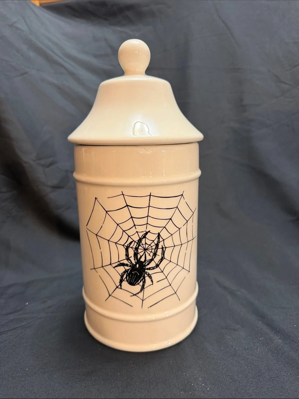 Vintage Cream Ceramic Canister with Black Spider Web Design